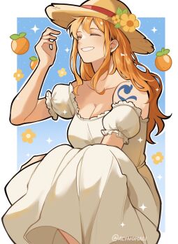 1girl alynomali bare_shoulders blue_background border breasts cleavage closed_eyes collarbone commentary dress flower food fruit hat hat_flower highres large_breasts light_blush long_dress long_hair nami_(one_piece) off-shoulder_dress off_shoulder one_piece orange_(fruit) orange_hair parted_lips puffy_short_sleeves puffy_sleeves short_sleeves shoulder_tattoo smile solo straw_hat sun_hat symbol-only_commentary tattoo teeth twintails upper_body white_border white_dress yellow_flower