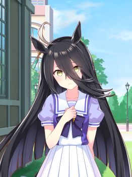 1girl absurdres ahoge animal_ear_piercing animal_ears artist_request bare_arms blue_bow blue_bowtie blue_eyes blue_shirt blue_sky blunt_ends bow bowtie breasts brooch building closed_mouth cloud collarbone cowboy_shot day earrings expressionless frown game_cg grass hair_between_eyes hand_on_own_chest high-waist_skirt highres horse_ears horse_girl horseshoe jewelry lamppost light_blush long_hair long_hair_between_eyes looking_at_viewer manhattan_cafe_(umamusume) multicolored_hair official_art outdoors path pleated_skirt puffy_short_sleeves puffy_sleeves road sailor_collar school_uniform shade shirt short_sleeves single_earring skirt sky small_breasts solo standing straight-on straight_hair streaked_hair tracen_school_uniform tsurime two-tone_hair two-tone_shirt umamusume very_long_hair white_hair white_sailor_collar white_shirt white_skirt yellow_eyes