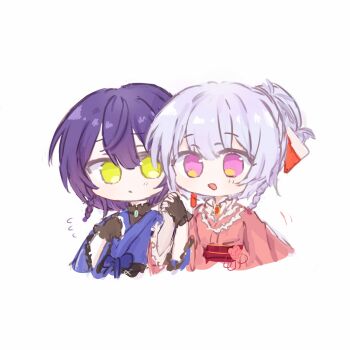 2girls arm_at_side assault_lily blue_bow blue_kimono blush bow braid brown_ribbon bukejie chibi closed_mouth commentary cropped_torso fingerless_gloves flower flying_sweatdrops frilled_gloves frilled_shirt_collar frilled_sleeves frills funada_kiito funada_ui gloves green_eyes grey_hair hair_bun hair_ribbon hand_up hands_up highres holding_hands interlocked_fingers japanese_clothes kimono long_sleeves looking_at_viewer motion_lines multiple_girls no_pupils obi obijime official_alternate_costume official_alternate_hairstyle open_mouth pink_eyes pink_flower pink_kimono purple_hair red_ribbon ribbon sash short_hair siblings side-by-side side_braid side_slit single_braid single_hair_bun sisters smile symbol-only_commentary upper_body