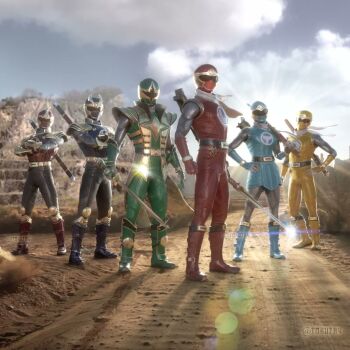 1girl 5boys blue_bodysuit blue_boots blue_helmet blue_sky blue_wind_ranger bodysuit boots character_request check_copyright clothes_theft cloud cloudy_sky combat_helmet commentary copyright_request crimson_thunder_ranger crossed_arms english_commentary full_body gloves golden_arms green_bodysuit green_helmet green_samurai_ranger group_pose helmet holding holding_sword holding_weapon hurricane_blue hurricane_red hurricane_yellow kabuto_raiger katana mountain multiple_boys navy_thunder_ranger ninja ninpuu_sentai_hurricanger power_rangers power_rangers_ninja_storm red_bodysuit red_helmet red_wind_ranger scarf shurikenger_(ninpuu_sentai_hurricanger) sky super_sentai sword theft tokujay tokusatsu weapon white_scarf yellow_bodysuit yellow_helmet yellow_wind_ranger