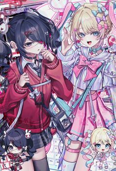 adapted_costume ame-chan_(needy_girl_overdose) black_necktie black_skirt blonde_hair bow chibi chibi_inset chouzetsusaikawa_tenshi-chan computer_keyboard eyepatch hair_bow heart heart_eyepatch hood hoodie jacket multiple_hair_bows necktie needy_girl_overdose pink_skirt plaid_clothes plaid_skirt red_hoodie skirt touyu_1210 white_jacket