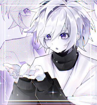 1boy :o aegyo_sal alternate_universe animal animal_on_hand antenna_hair bird black_sweater chara_(undertale) chromatic_aberration colored_skin commentary_request double-parted_bangs eyes_visible_through_hair hair_between_eyes halftone halftone_background hands_up highres inset_border layered_sleeves lingxiankong1 long_sleeves looking_at_animal male_focus open_mouth outline puffy_long_sleeves puffy_sleeves purple_eyes shirt short_hair short_over_long_sleeves short_sleeves simple_background solo sparkle sweater swept_bangs turtleneck turtleneck_sweater undertale upper_body utdr_(toby_fox) white_background white_bird white_hair white_outline white_shirt white_skin xtale zoom_layer