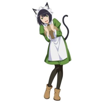 Rule 34 | 1girl, animal ears, apron, black hair, black pantyhose, boots, brown boots, cat girl, cat tail, dress, dungeon ni deai wo motomeru no wa machigatteiru darou ka, full body, green dress, green eyes, kimoto shigeki, looking at viewer, non-web source, official art, open mouth, pantyhose, smile, solo, tail, transparent background