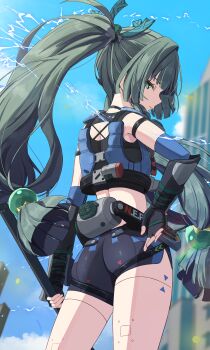 1girl absurdres android arm_strap armlet ass black_armlet black_choker black_gloves black_shorts blue_sky blurry blurry_background braid choker cloud commentary_request crop_top day detached_sleeves electricity fingerless_gloves fingernails from_behind gloves green_eyes green_hair hair_bobbles hair_ornament highres holding holding_staff izuno_(izunoyoshiki) jewelry joints lightning loli long_hair looking_at_viewer looking_back midriff nape parted_lips police police_uniform policewoman qingyi_(zenless_zone_zero) robot_joints shorts side_braids sky solo sparks sphere_hair_ornament staff staff_(weapon) standing thighs twintails very_long_hair vest zenless_zone_zero