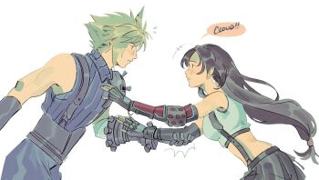 1boy 1girl armor ashlena_sharma bare_shoulders black_gloves black_hair black_skirt blonde_hair blue_eyes blue_pants blue_sweater blush breasts cloud_strife commentary crop_top earrings elbow_gloves elbow_pads final_fantasy final_fantasy_vii final_fantasy_vii_remake fingerless_gloves flying_sweatdrops from_side gloves hand_on_another's_arm highres holding_another's_arm jewelry long_hair looking_at_another medium_breasts midriff notice_lines pants parted_lips profile reaching reaching_towards_another red_eyes ribbed_sweater short_hair shoulder_armor simple_background single_arm_guard single_elbow_pad skirt sleeveless sleeveless_turtleneck speech_bubble spiked_hair suspender_skirt suspenders sweater symbol-only_commentary tank_top tifa_lockhart turtleneck turtleneck_sweater upper_body white_background white_tank_top