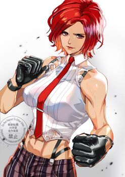 1girl bare_shoulders black_gloves breasts commentary_request crop_top cropped_shirt gloves highres large_breasts lipstick looking_at_viewer makeup mature_female midriff muscular muscular_female navel necktie pants pinstripe_pants pinstripe_pattern red_eyes red_hair red_necktie shirt short_hair sleeveless smile snk solo square-end_necktie striped_clothes striped_pants suspenders the_king_of_fighters tie_clip vanessa_(kof) vertical-striped_clothes vertical-striped_pants yukinoshin_f