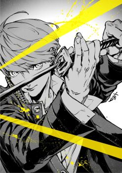 Rule 34 | 1boy, arms up, black jacket, blazer, dress shirt, facing to the side, grey eyes, grey hair, grey shirt, highres, holding, holding sword, holding weapon, jacket, looking to the side, male focus, monochrome, narukami yu, open clothes, open jacket, outstretched arms, paint, paint splatter, partially colored, persona, persona 4, popped collar, saitou rokuro, school uniform, shirt, spot color, swinging weapon, sword, unbuttoned sleeves, upper body, vignetting, weapon, white background, wind