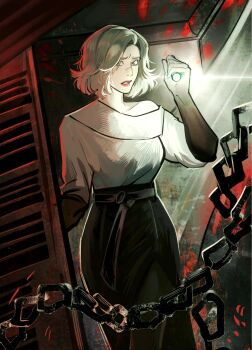 1girl artist_name belt black_gloves black_pantyhose black_skirt blonde_hair blue_eyes breasts chain commentary cowboy_shot elbow_gloves english_commentary flashlight gloves grace_ashcroft grace_ashcroft_(noir) high-waist_skirt highres holding holding_flashlight indoors limited_palette medium_hair narrow_waist pantyhose pink_lips ray_(rayosechi) resident_evil resident_evil_requiem scared shirt side_slit single_off_shoulder skirt small_breasts white_shirt