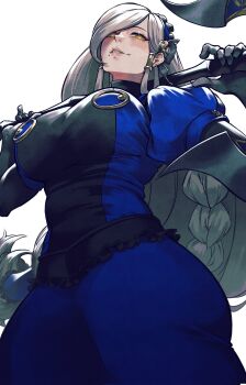 1girl aged_up alternate_breast_size_(larger) andrich_galam black_gloves blue_dress breasts commentary dress english_commentary gloves hair_tubes hairband highres impossible_clothes impossible_dress large_breasts lavenza_(persona_5) long_hair over_shoulder persona persona_5 persona_5_the_royal ringed_eyes very_long_hair weapon weapon_over_shoulder yellow_eyes