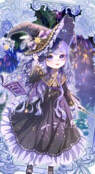 1girl absurdres aerial_fireworks ankle_strap arm_at_side bell_sleeves belt black_capelet black_dress black_hat black_pantyhose black_shoes blunt_ends book border bow capelet chinese_commentary closed_mouth constellation_print cross-laced_clothes cross-laced_dress deformed dress female_saniwa_(touken_ranbu) fireworks floating floating_book floating_object foot_out_of_frame footwear_bow frilled_dress frilled_hat frilled_sleeves frills gold_trim hair_ornament hand_on_headwear hat hat_bow hat_chain hat_feather hat_ornament hexagram highres holding holding_wand lace-trimmed_headwear lace_trim light_particles long_dress long_hair long_sleeves looking_at_viewer luki_9713 mole mole_under_eye nail_polish night open_book orange_lips original ornate_border outside_border palm_tree pantyhose purple_belt purple_bow purple_capelet purple_eyes purple_hair purple_hat purple_nails purple_shirt saniwa_(touken_ranbu) shirt shoes smile solo spider_web_print star_(symbol) star_hair_ornament star_hat_ornament star_of_david star_print striped_bow touken_ranbu tree two-sided_fabric two-sided_headwear wallet_chain wand wavy_hair witch witch_hat