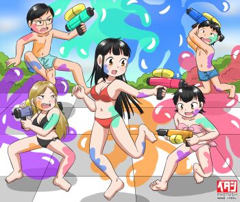 2boys 3girls :3 ahoge barefoot bikini black_bikini black_hair blonde_hair blue_swim_trunks blush breasts brown_eyes bush cleavage cloud collarbone fang highres holding holding_water_gun jumping kanade-chan_(marup) long_hair male_swimwear marup mitsuru_(marup) multiple_boys multiple_girls navel nintendo nipples o-ring o-ring_bikini open_mouth original paint paint_on_body paint_splatter pink_bikini red_bikini saki-chan_(marup) sharp_teeth short_hair side-tie_bikini_bottom sky small_breasts smile splatoon_(series) standing standing_on_one_leg sumomo_(marup) swim_trunks swimsuit teeth topless_female water_gun