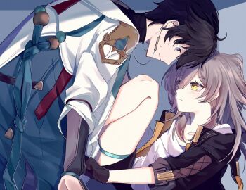1boy 1girl ahoge black_gloves black_hair chinese_clothes couple dan_heng_(honkai:_star_rail) earrings gloves grey_hair hetero honkai:_star_rail honkai_(series) jacket jewelry looking_at_another shirt short_hair stelle_(honkai:_star_rail) szlljxk thighs trailblazer_(honkai:_star_rail) white_shirt yellow_eyes
