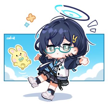 1girl aqua-framed_eyewear artist_name black_hair black_skirt black_socks blue_archive blue_cardigan blue_halo blue_necktie blue_sky blue_sleeves cardigan chibi chibi_only chihiro_(blue_archive) closed_mouth cloud collared_shirt commentary crossed_bangs day endroll full_body glasses green_eyes hair_between_eyes hair_ornament halo highres jacket lanyard long_sleeves looking_at_viewer multicolored_jacket necktie notice_lines open_clothes outstretched_arms pleated_skirt rabbit_hair_ornament semi-rimless_eyewear shirt shoes short_hair sidelocks skirt sky smile sneakers socks standing standing_on_one_leg stuffed_animal stuffed_rabbit stuffed_toy two-tone_jacket under-rim_eyewear white_jacket white_shirt white_shoes