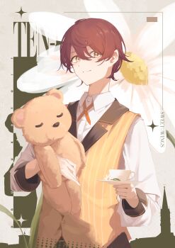 Rule 34 | 1boy, absurdres, brown eyes, brown hair, closed mouth, collared shirt, cup, genderswap, genderswap (ftm), hair between eyes, highres, holding, holding plate, holding stuffed toy, idolmaster, idolmaster shiny colors, long sleeves, male focus, odecono3, osaki tenka, pinstripe pattern, pinstripe vest, plate, shirt, short hair, solo, stuffed animal, stuffed toy, teacup, teddy bear, upper body, vest, yellow vest