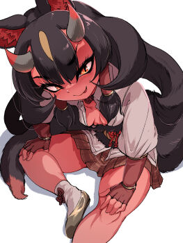 1girl animal_ears black_hair breasts choker cleavage colored_skin elbow_gloves extra_ears fingerless_gloves fox_ears fox_girl fox_tail gloves highres horns kemono_friends kinkaku_(kemono_friends) large_breasts long_hair looking_at_viewer mcgunngu red_skin shirt shoes simple_background sitting skirt socks solo tail tongue tongue_out yellow_eyes