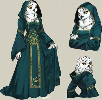 1girl beak bird bird_girl black_sclera colored_sclera commentary dress embroidered_dress embroidery english_commentary full_body gold_embroidery green_dress grey_background hood nonoka917 original owl owl_girl personification simple_background snowy_owl solo