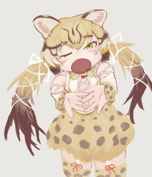 Rule 34 | 1girl, animal ears, bow, bowtie, cat ears, cat girl, commentary request, extra ears, garter straps, geoffroy's cat (kemono friends), green eyes, grey background, grey hair, hibiwarenibosi, highres, kemono friends, kemono friends v project, long hair, looking at viewer, microphone, one eye closed, ribbon, shirt, simple background, skirt, solo, thighhighs, twintails, virtual youtuber