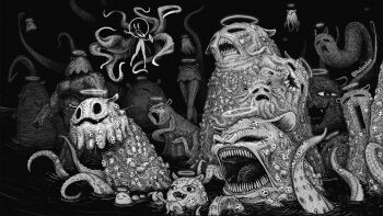 1girl :3 baloolax bandaid bandaid_on_head crowbar eldritch_abomination extra_faces fishnets flying greyscale halo hololive hololive_english horror_(theme) meme monochrome muscular ninomae_ina&#039;nis shaded_face sharp_teeth takodachi_(ninomae_ina&#039;nis) teeth tentacles twitter_username virtual_youtuber