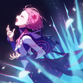 1girl blue_eyes blue_jacket commentary_request forehead from_side hair_ornament hands_up highres hood hood_down hooded_jacket jacket kaf_(kamitsubaki_studio) kamitsubaki_studio long_hair long_sleeves looking_up memori_(egachachachan) multicolored_jacket open_mouth pink_hair solo twintails virtual_youtuber white_jacket yellow_pupils