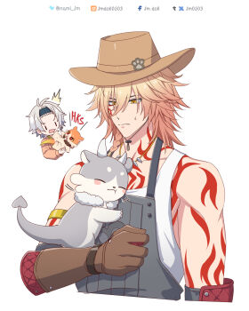 2boys antenna_hair arm_tattoo black_choker blonde_hair blue_eyes braid brown_gloves cardigan chest_tattoo chimera_(honkai:_star_rail) choker commentary creature elbow_gloves facial_tattoo gloves gradient_hair grey_overalls hat highres holding holding_creature honkai:_star_rail honkai_(series) jiman male_focus medium_hair multicolored_hair multiple_boys mydei_(chimerric_park)_(honkai:_star_rail) mydei_(fig_stew)_(honkai:_star_rail) mydei_(honkai:_star_rail) official_alternate_costume overalls parted_bangs phainon_(chimerric_park_epilogue)_(honkai:_star_rail) phainon_(honkai:_star_rail) phainon_(vigethos)_(honkai:_star_rail) pink_cardigan red_hair red_tattoo short_hair side_braid tank_top tattoo white_hair white_tank_top yellow_eyes