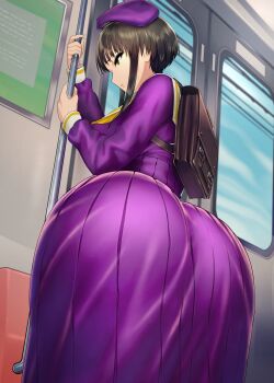 Rule 34 | 1girl, ass, ass focus, bag, dokiyuri, from behind, green eyes, hat, highres, holding, holding pole, huge ass, long skirt, long sleeves, original, pole, school uniform, serafuku, short hair, short hair with long locks, sidelocks, skirt, solo, train, train interior