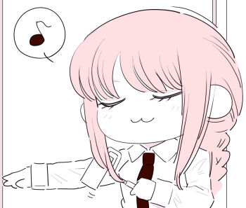 1girl :3 chainsaw_man chibi chibi_only closed_eyes closed_mouth collared_shirt deer60868637 lint_roller long_hair long_sleeves makima_(chainsaw_man) monochrome musical_note necktie outstretched_arm shirt sidelocks solo speech_bubble spoken_musical_note