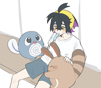 Rule 34 | 1boy, ahoge, black hair, blue shorts, blush stickers, brown fur, colored inner hair, commentary request, crossed bangs, food, food in mouth, gen 1 pokemon, gen 2 pokemon, hair between eyes, hairband, hand on animal, hug, kieran (pokemon), male focus, melting popsicle, multicolored hair, nintendo, pokemon, pokemon (creature), pokemon sv, poliwag, popsicle, popsicle in mouth, purple hair, sentret, shirt, short hair, shorts, sitting, slumped, spiral, striped tail, suzuki 555, sweat, tadpole tail, tail, two-tone hair, yellow eyes, yellow hairband