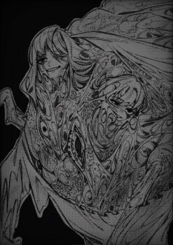 1other body_horror extra_eyes greyscale highres library_of_ruina long_hair monochrome monster open_mouth project_moon sharp_teeth simple_background smile suillus teeth tomerry_(project_moon)