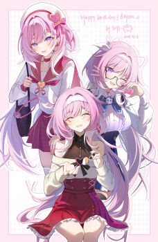 1girl absurdres alternate_costume bare_shoulders bespectacled black-framed_eyewear blue_bow blue_bowtie bow bowtie breasts character_charm charm_(object) closed_eyes collared_shirt diamond-shaped_pupils diamond_(shape) elysia_(herrscher_of_human:_ego)_(honkai_impact) elysia_(honkai_impact) english_text facing_viewer glasses hair_bow hair_ornament hairband half-heart_hands happy_birthday hat heart heart-shaped_bag heart_hair_ornament highres holding holding_spoon honkai_(series) honkai_impact_3rd light_blush long_hair looking_at_viewer medium_breasts miaogujun missing_commentary multiple_views official_alternate_costume open_mouth pink_bow pink_hair pink_sailor_collar pink_skirt purple_eyes sailor_collar school_uniform semi-rimless_eyewear serafuku shirt sitting skirt smile spoon symbol-shaped_pupils under-rim_eyewear very_long_hair white_hairband white_hat white_shirt