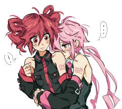 Rule 34 | 2girls, ahoge, bare shoulders, black shirt, blush, breast pocket, buttons, closed mouth, collared shirt, detached sleeves, drill hair, edward (chookooreetoo), hug, hug from behind, kasane teto, low twintails, multiple girls, open mouth, oune meno, pink eyes, pink hair, pocket, shirt, sidelocks, simple background, twin drills, twintails, upper body, utau, white background, yuri