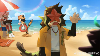 aak_(arknights) absurdres arknights beach beach_umbrella braid chinese_commentary covered_face dragon_boy furry furry_female furry_male highres horns hung_(arknights) lee_(arknights) lifebuoy mythological_creature single_horn starfish sun_glare sunlight swim_ring tearing_up tiger_girl umbrella waai_fu_(arknights) xian_goutou_hz