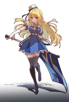 1girl arch_bishop_(ragnarok_online) ascot black_boots blonde_hair blue_dress blue_eyes blush boots braid breasts closed_mouth commentary_request dress flag full_body gloves grey_thighhighs half_up_braid hat highres holding holding_flag long_hair looking_at_viewer medium_breasts pillbox_hat ragnarok_online sakuraji_tomoka simple_background smile solo standing thighhighs two-tone_dress white_background white_dress white_gloves white_hat yellow_ascot