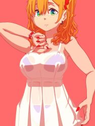 animated bikini blonde_hair blue_bikini breasts dress earrings fingernails freckles fxx green_eyes hair_ornament jewelry large_breasts long_fingernails lowres medium_hair nia_(fxx) red_background red_nails removing_bra ring see-through_clothes simple_background swimsuit tagme video watch wristwatch