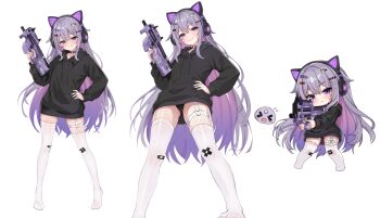>_< 1girl :d :q absurdres animal_ear_headphones animal_ears asymmetrical_legwear black_choker black_hoodie black_panties bullpup castellayaki cat_ear_headphones cat_ears chibi choker colored_inner_hair commentary double-parted_bangs fake_animal_ears fishnet_thighhighs fishnets flying_sweatdrops fn_p90 garter_straps gem gradient_hair grin gun hair_flaps hair_ornament hairclip hand_on_own_hip headphones heart heart_o-ring highres holding holding_gun holding_weapon hololive hololive_english hood hoodie jewel_under_eye koseki_bijou lace lace-trimmed_panties lace_trim long_hair long_sleeves looking_at_viewer mismatched_legwear multicolored_hair no_pants no_shoes o-ring o-ring_choker o-ring_thigh_strap open_mouth panties pantyshot pebble_(koseki_bijou) pink_hair purple_eyes purple_gem purple_hair sidelocks simple_background single_garter_strap smile standing submachine_gun thigh_strap thighhighs tongue tongue_out underwear variations very_long_hair virtual_youtuber weapon white_background white_thighhighs