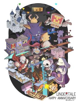 ;d absurdres alphys androgynous animal_ears anniversary annoying_dog armor arthropod_girl asgore_dreemurr black_hair black_sclera blonde_hair blue_skin bratty_(undertale) brown_hair burgerpants catty_(undertale) closed_eyes colored_sclera colored_skin crown dogamy dogaressa doggo everyone eyepatch fang final_froggit fins flower flowey_(undertale) frisk_(undertale) froggit furry glasses gloves goat_ears grin head_fins highres horns houten_(dre_a_mer) long_sleeves mettaton mettaton_(box) moldsmal monster_boy monster_girl monster_kid_(undertale) muffet multiple_boys multiple_girls napstablook nice_cream_guy one_eye_closed open_mouth papyrus_(undertale) photoshop_flowey polearm ponytail purple_skin red_hair royal_guard_01_(undertale) royal_guard_02_(undertale) sans_(undertale) scarf sharp_teeth shirt short_hair shorts shyren skeleton slippers smile snowman striped_clothes striped_shirt teeth temmie toriel undertale undyne utdr_(toby_fox) vegetoid weapon whimsalot whimsun yellow_sclera yellow_skin