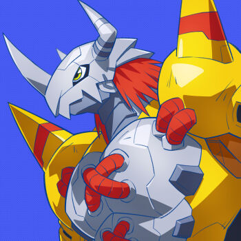 Rule 34 | armor, digimon, digimon (creature), dragon, green eyes, helmet, highres, onion maru, red hair, short hair, shoulder armor, shoulder spikes, simple background, solo, spikes, upper body, wargreymon, yellow armor