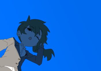 Rule 34 | 1girl, absurdres, commentary request, from below, green eyes, green hair, grey jacket, grey shirt, highres, igarashi futaba, jacket, messy hair, one eye closed, open mouth, ponytail, senpai ga uzai kouhai no hanashi, shade, shiromanta, shirt, solo, upper body, white shirt