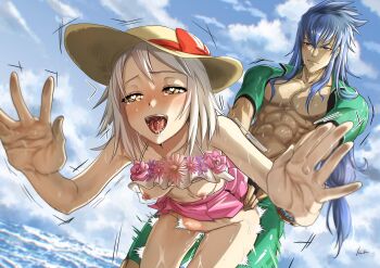 1boy 1girl absurdres alice_(queen_of_the_beach)_(tales) alice_(tales) bikini blonde_hair blue_eyes blue_hair blue_sky blush bodysuit bow bowtie breasts clothed_sex commission dialogue_box diving_suit floral_print frilled_bikini frills happy_sex hat heart heart-shaped_pupils hetero hibiscus_petals highres kusu_(moo1225) long_hair male_swimwear motion_lines muscular muscular_male naughty_face ocean open_mouth outdoors pink_bow pink_bowtie public_indecency pussy_juice regal_bryan regal_bryan_(swimmer) ribbon sex sex_from_behind short_hair signature sky small_breasts stomach_bulge sun_hat sweat swimsuit symbol-shaped_pupils tales_of_(series) tales_of_asteria tales_of_link tales_of_symphonia tales_of_symphonia:_dawn_of_the_new_world vaginal wetsuit yellow_eyes