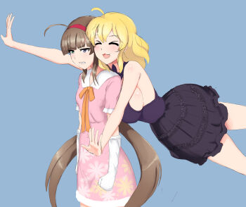 Rule 34 | > <, 2girls, ahoge, alternate costume, annoyed, black dress, blonde hair, blue eyes, blunt bangs, blush, breasts, brown hair, closed eyes, commentary request, dress, gloves, green eyes, hairband, heterochromia, highres, incoming hug, jeaike art, large breasts, low twintails, multiple girls, orange ribbon, pink dress, red hairband, ribbon, ryoubi (senran kagura), ryouna (senran kagura), senran kagura, senran kagura shinovi versus, siblings, sideboob, sidelocks, sisters, sleeveless, small breasts, twintails, white gloves