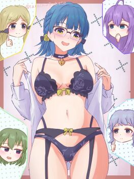 averting_eyes blue_hair blush bow bow_bra bow_panties bra breasts breasts_apart choker floral_print floral_print_bra floral_print_panties garter_belt garter_straps glasses gluteal_fold hair_bow handa_roco highres idolmaster idolmaster_million_live! lace lace-trimmed_bra lace_trim lingerie makabe_mizuki mochizuki_anna nagayoshi_subaru nanao_yuriko navel open_clothes open_shirt over-rim_eyewear panties print_panties ribbon semi-rimless_eyewear shirt tarainusubete underwear white_shirt