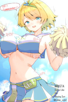 1girl :d bare_shoulders blonde_hair blue_eyes blue_hairband blue_shirt blue_skirt blue_sky blush bow_hairband breasts character_name cheerleader cloud commentary_request cowboy_shot crop_top day girls&#039;_frontline girls&#039;_frontline_2:_exilium green_hairband hair_between_eyes hair_intakes hair_ornament hairband highres holding holding_pom_poms jumping large_breasts looking_at_viewer navel nikketa_(girls&#039;_frontline_2) no_mole official_alternate_costume open_mouth outdoors pom_pom_(cheerleading) pom_poms shirt short_hair sidelocks skirt sky sleeveless sleeveless_shirt smile solo speech_bubble stomach teeth tesura_(teslamk2) twitter_username two-tone_hairband underboob upper_teeth_only vsk-94_(dance_like_the_blazing_sun)_(girls&#039;_frontline) vsk-94_(girls&#039;_frontline) waist_bag white_shirt