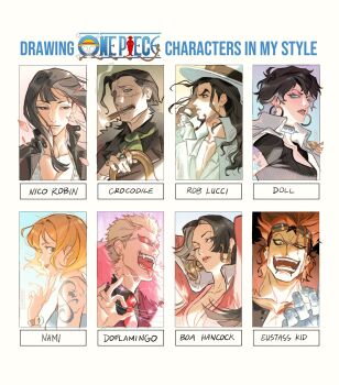 2025 4boys 4girls amputee arm_tattoo bird black_hair blunt_bangs boa_hancock brown_eyes character_name cheseely cigar collar commentary crocodile_(one_piece) doll_(one_piece) donquixote_doflamingo earrings english_commentary epaulettes eustass_kid evil_smile eyelashes gold_earrings hair_slicked_back hat hattori_(one_piece) highres hook_hand hoop_earrings jewelry log_pose long_hair looking_to_the_side multiple_boys multiple_drawing_challenge multiple_girls nami_(one_piece) nico_robin nico_robin_(water_7) official_alternate_costume one_piece orange_hair red_hair ring rob_lucci short_hair smile snake_earrings spiked_collar spikes stitched_face stitches string sunglasses tattoo