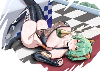 1girl absurdres admiral_nakhimov_(azur_lane) admiral_nakhimov_(cheerleading_mechanic?)_(azur_lane) alcohol animal_ear_headphones animal_ears azur_lane breasts cat_ears champagne champagne_bottle commentary day elbow_gloves fake_animal_ears fingerless_gloves flag gloves green_hair hci+ headphones highleg highleg_leotard highres large_breasts leotard looking_at_viewer lying official_alternate_costume on_back race_queen short_hair sitting thighhighs