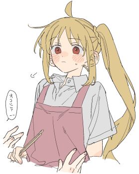 1girl apron blush bocchi_the_rock! chopsticks closed_mouth collared_shirt dayama fingernails grey_shirt highres holding holding_chopsticks ijichi_nijika pink_apron red_eyes shirt short_sleeves side_ponytail simple_background solo_focus speech_bubble translation_request upper_body white_background