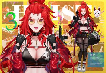 1girl absurdres arm_tattoo bag banknote battle_rifle belt belt_collar bikini black_bag black_bikini black_collar black_nails black_skirt blush breasts bullet bullet_necklace cleavage collar collarbone cuffs dollar_sign dragon_tattoo duffel_bag earrings elly_(vtuber) elly_(heist)_(vtuber) english_text finger_tattoo fn_scar_17 fox_mask glasses gold_earrings green_eyes gun hair_ornament hairclip handcuffs highres holding holding_gun holding_weapon holstered indie_virtual_youtuber jacket jewelry long_hair long_sleeves mask miniskirt money nail_polish necklace open_mouth pantyhose pleated_skirt red_belt red_hair red_jacket rifle riki-to shoes skirt smile swimsuit tattoo virtual_youtuber weapon white_shoes zipper zipper_pull_tab