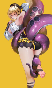 Rule 34 | 1girl, armpits, ass, bao (pixiv 99415611), bare shoulders, barefoot, blonde hair, blush, breasts, cleavage cutout, closed mouth, clothing cutout, feet, green pupils, hat, highres, large breasts, legs, looking at viewer, octopus girl, purple eyes, short hair, signature, spiral, sticker, tentacles, thigh strap, thighs, yellow background, yidhari murphy, zenless zone zero