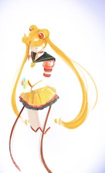 1girl absurdres bishoujo_senshi_sailor_moon blending boots choker closed_eyes commentary double_bun english_commentary gradient_background hair_bun hair_ornament hairclip highres inner_senshi knee_boots long_hair magical_girl mercuri0ff miniskirt pleated_skirt red_choker sailor_collar sailor_moon sailor_senshi simple_background skirt solo tsukino_usagi twintails white_background