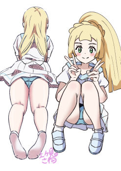 1girl agetateiageman blonde_hair blush closed_mouth double_v green_eyes hands_up kneepits knees_together_feet_apart lillie_(pokemon) loli long_hair looking_at_viewer lying multiple_views nintendo on_stomach panties pleated_skirt pokemon pokemon_sun_and_moon ponytail shirt shoes short_sleeves simple_background skirt smile socks underwear v white_background white_shirt white_skirt