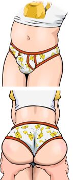 2boys absurdres ass ass_focus briefs brown_hair bulge crotch_focus erection erection_under_clothes gen_1_pokemon grabbing_another's_ass green_eyes groping highres legs male_focus male_underwear midriff multiple_boys multiple_views nintendo pikachu poke_kid_(pokemon) pokemon pokemon_(creature) pokemon_swsh pov pov_focus print_briefs print_male_underwear rustyriff shiny_skin shirt shota simple_background source_request underwear wedgie white_background yaoi