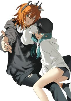 Rule 34 | 2girls, a.i. voice, absurdres, adachi rei, alternate costume, android, aqua eyes, aqua hair, baseball cap, black hat, black hoodie, black pants, grey shorts, hashtag-only commentary, hat, hatsune miku, headphones, headphones around neck, highres, hood, hood down, hoodie, joints, lens eye, long hair, looking at viewer, medium hair, multiple girls, natwjeq, orange eyes, orange hair, pants, robot joints, short shorts, shorts, sitting, sleeves past wrists, tongue, tongue out, twintails, utau, v, vocaloid, white background, white hoodie